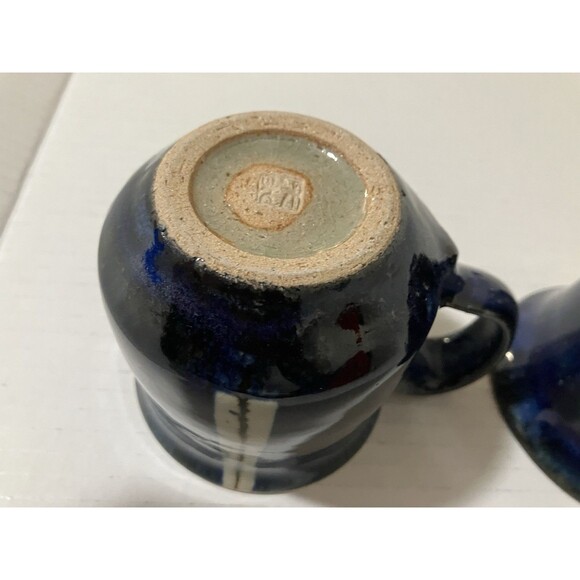Two VNTG STONEWARE COBALT BLUE coffee MUGS VINTAGE STUDIO ART POTTERY stamped - Picture 14 of 16